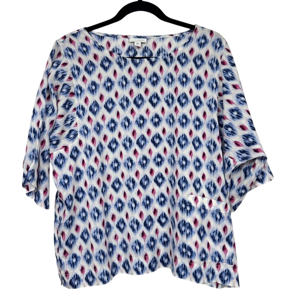 J Jill Blue Red Ikat Print Short Sleeve Blouse Womens M Boxy Fit Oversized Shirt